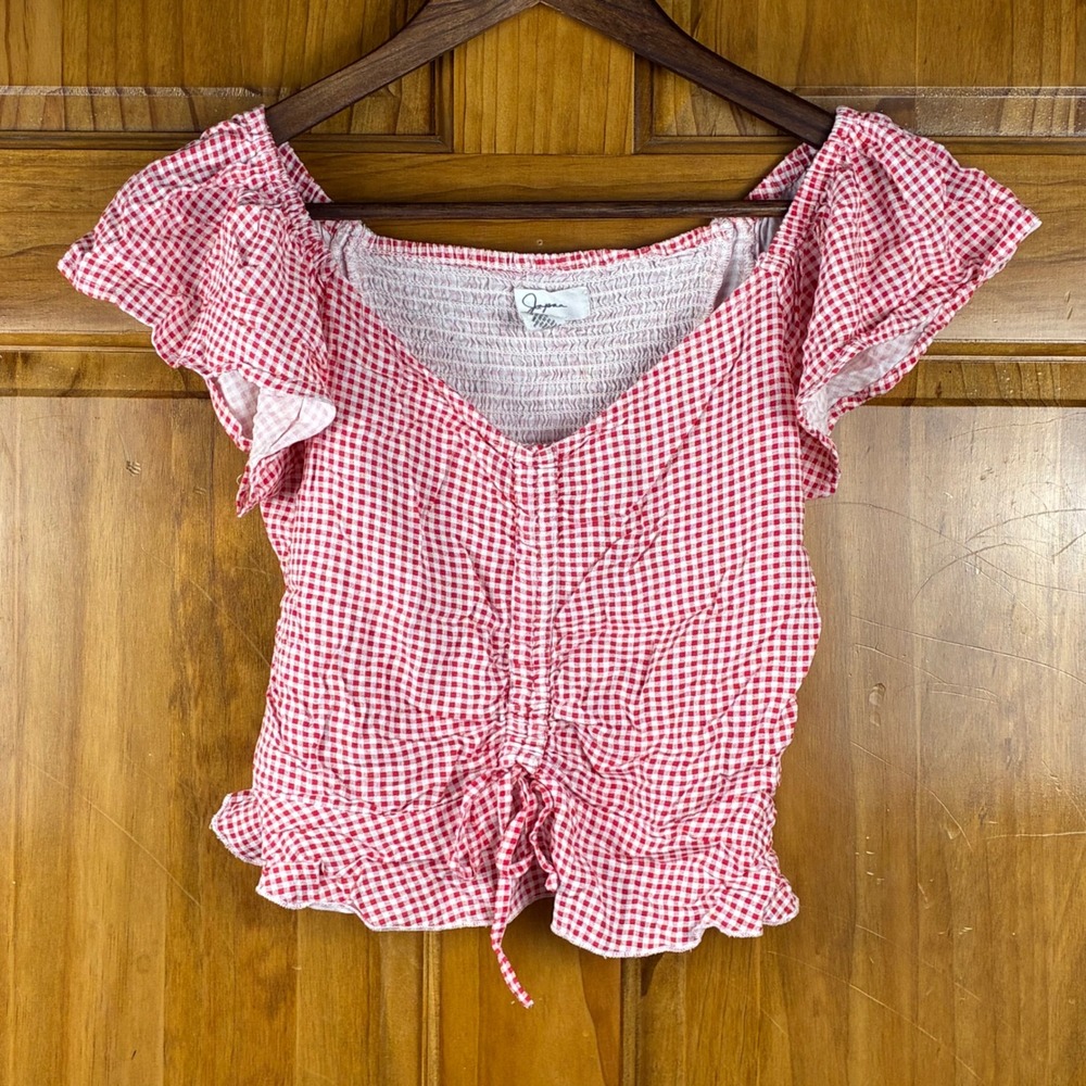 Japna Red Gingham Ruched Sm Front Smocked Back Crop Top Cottage Picnic Girly